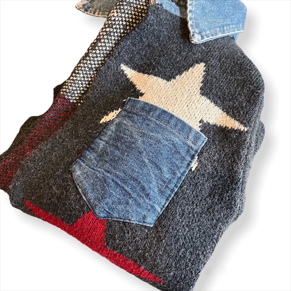 WOOL STAR PRINT CARDIGAN DENIM TRIM OPEN FRONT COLLARED SWEATER COAT GRAY Siz… - Picture 8 of 13